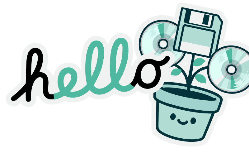 stickers of a 512k Macintosh and the word 'hello'